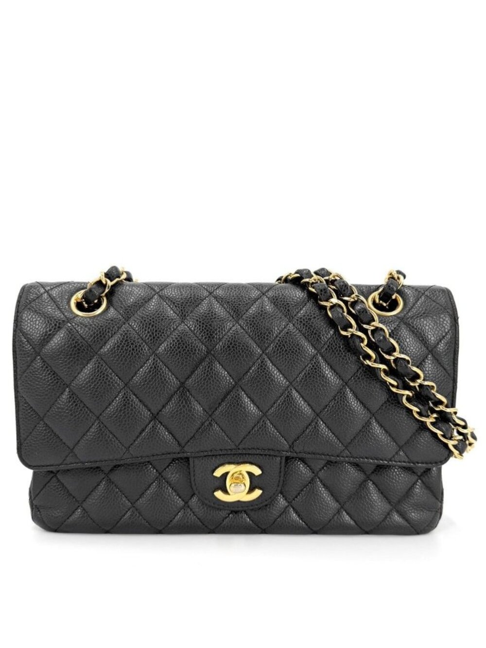 Chanel Shoulder Bag Quilted 25 Double Chain Bull Flap Caviar Leather Black Gold